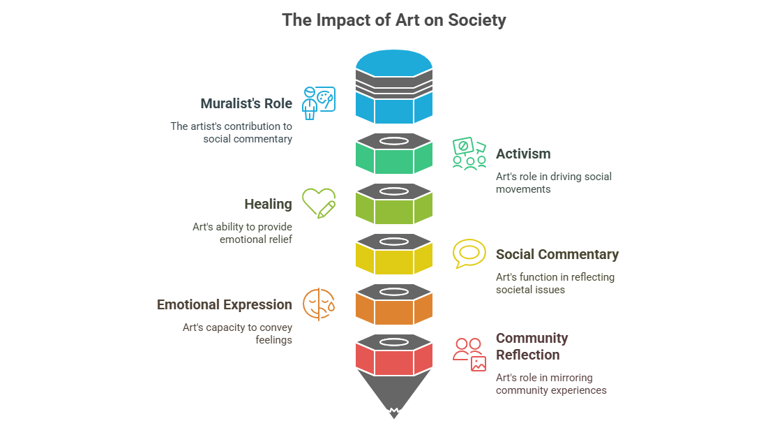 Diagram shaped like a pencil illustrating six impacts of art on society, including muralist’s role, activism, healing, social commentary, emotional expression, and community reflection.