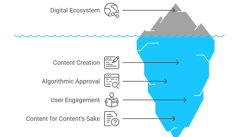 Iceberg graphic illustrating the digital ecosystem: Content Creation, Algorithmic Approval, User Engagement, and Content for Content’s Sake below the surface