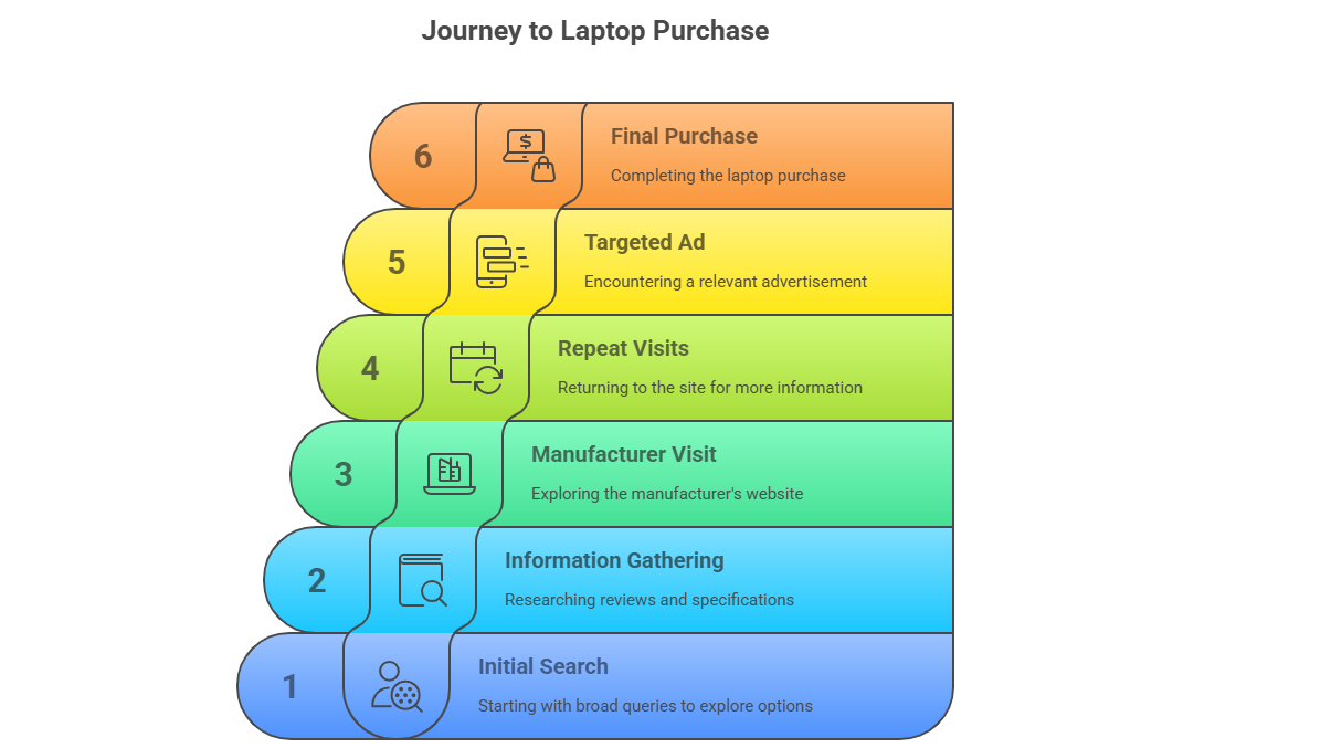 Step-by-step visual of the customer journey to purchasing a laptop, from initial search to final purchase