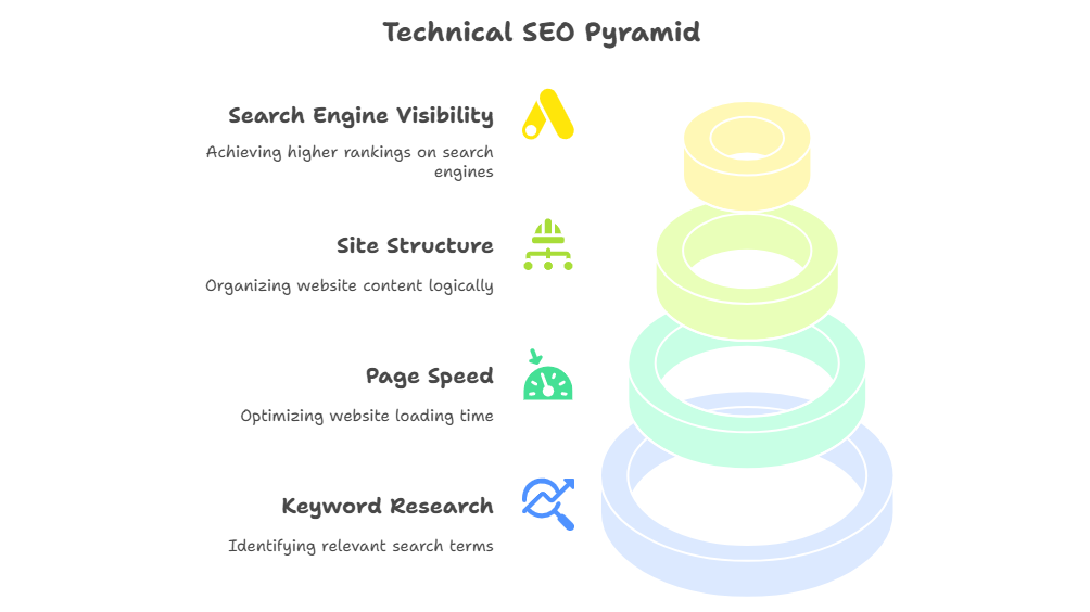 Technical SEO Pyramid showing four layers: Keyword Research, Page Speed, Site Structure, and Search Engine Visibility, each with brief descriptions