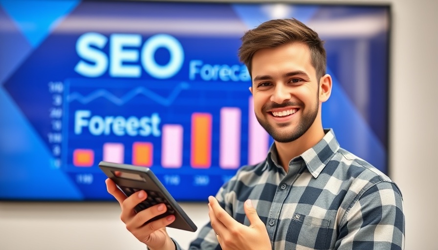 SEO forecasting presentation with young man holding a calculator.