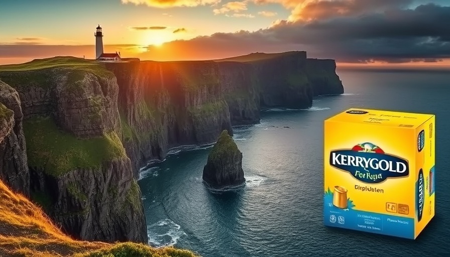 Kerrygold trip scenic coastline at sunset with lighthouse and cliffs.