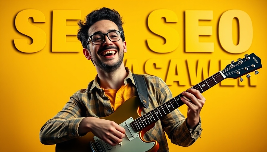SEO Career in AI Era promotion with cheerful man holding a guitar.