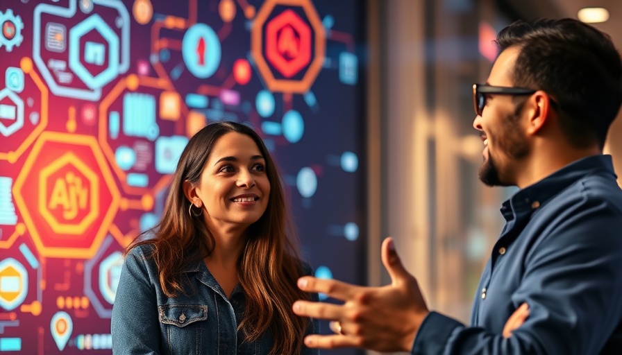 Two people discussing AI innovations with a digital tech background.