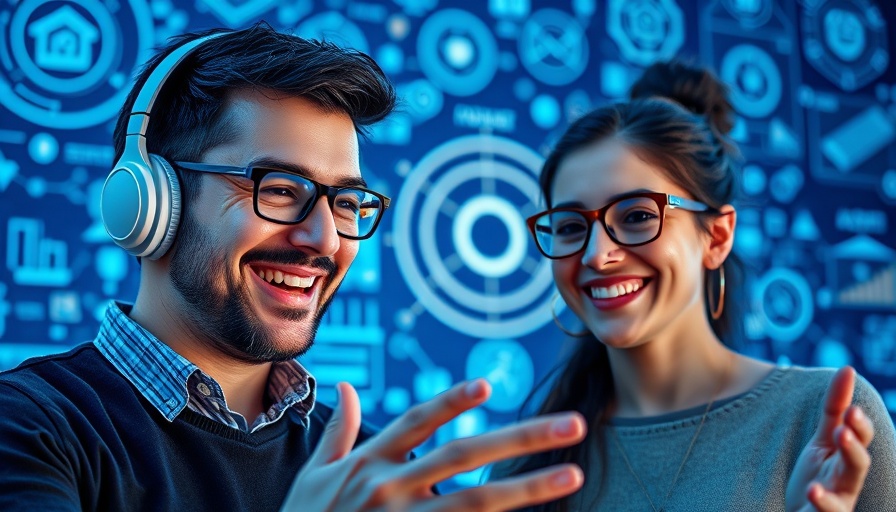 Smiling man and woman discussing AI advancements.