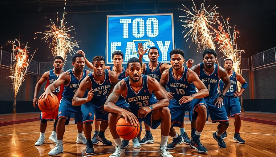 Dynamic basketball players in a celebratory scene with 'TOO EASY' sign, Jordan Brand Basketball Musical.