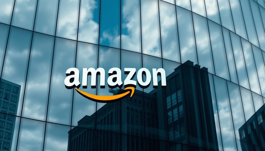 Amazon logo on modern glass building reflecting growth.