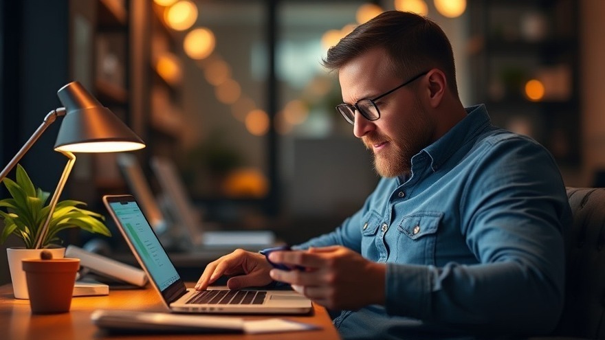 Man working on a laptop while holding a credit card in a cozy, warmly lit office