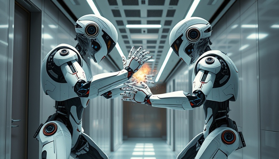 AI Robot Comparison: Futuristic robots sparring in a corridor.