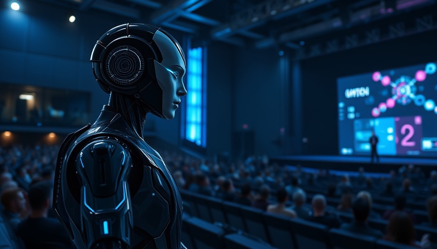 Futuristic AI marketing software presentation with humanoid robot.