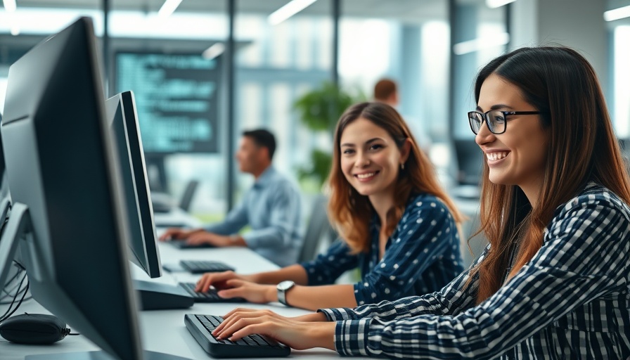 Smiling professionals working with AI productivity strategies in office.