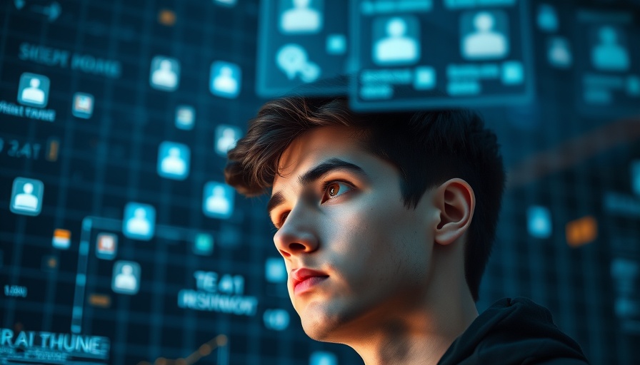 Young man with floating app icons representing AI automation benefits for businesses.