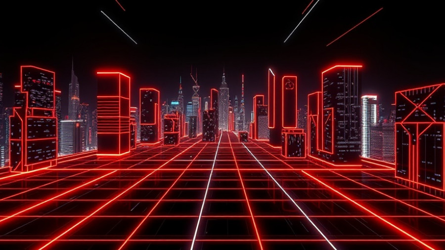 Futuristic neon grid cityscape representing AI technology in public sector productivity.