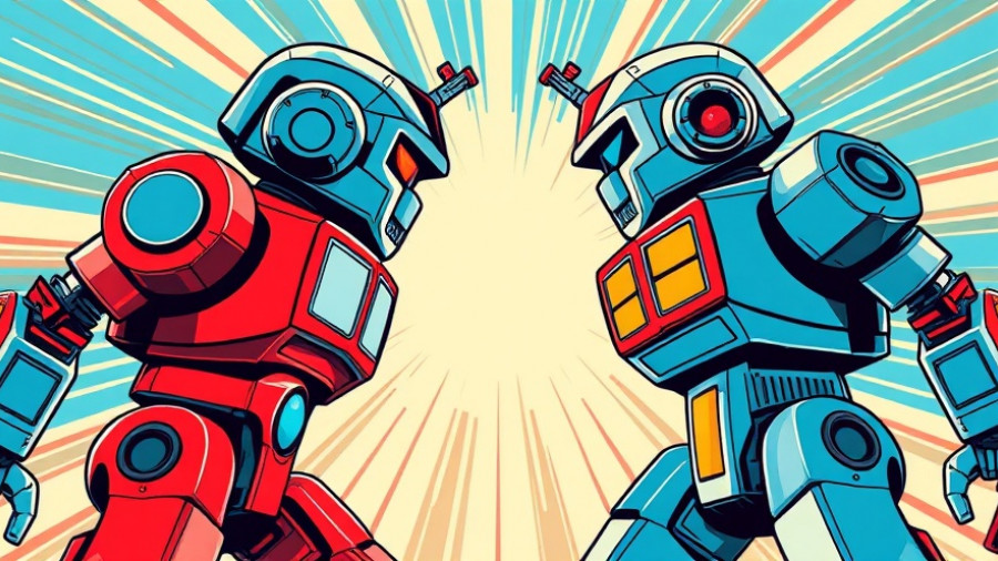 AI reviews showdown with colorful retro robots in a comic style.