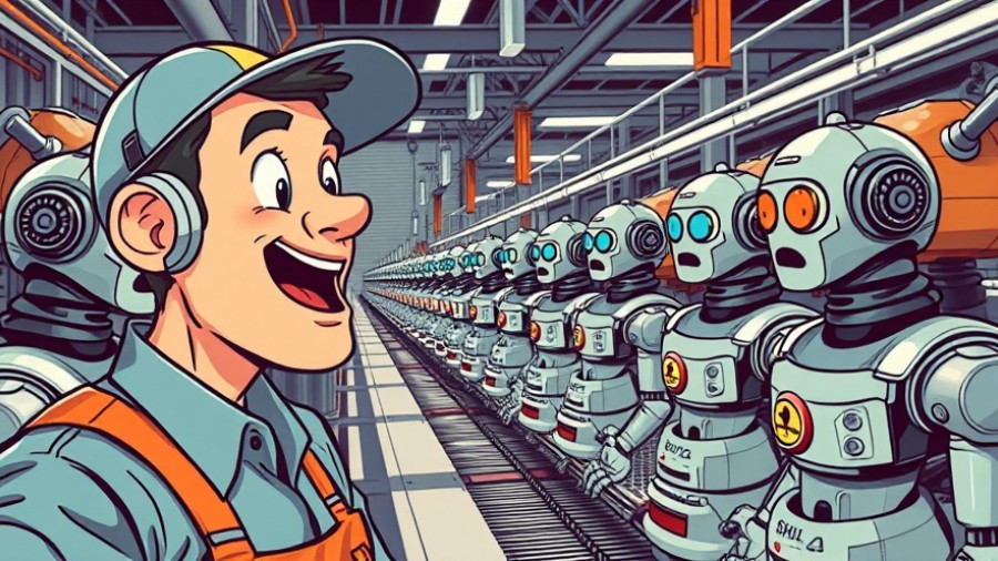 Retro comic of factory worker noting Claude AI skills on assembly line.