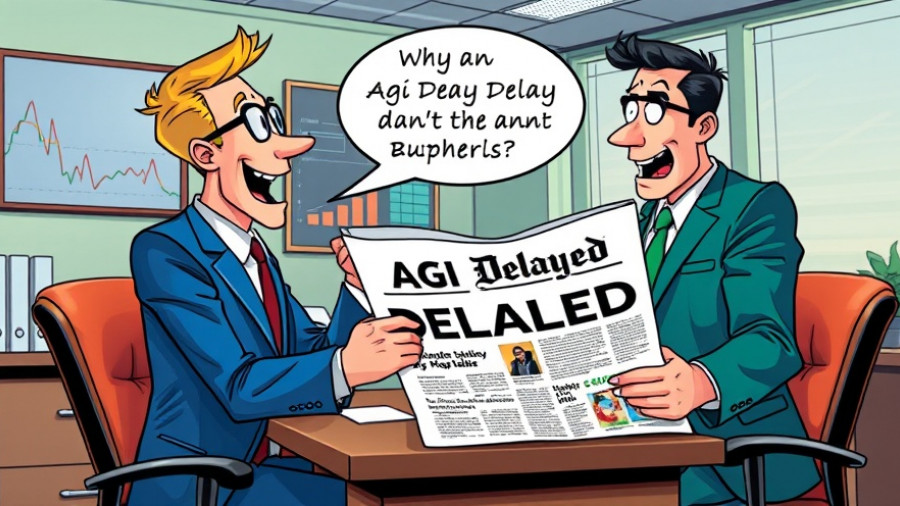 AGI Delay discussion in comic style with excited businessmen.