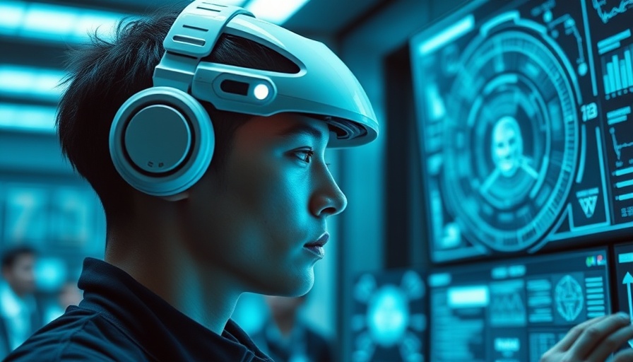 Futuristic brain-computer interface in a high-tech lab setting.