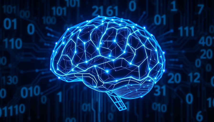 Futuristic AI learning circuit brain with binary code.
