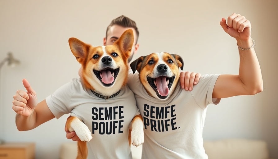 AI marketing concept with joyful man and dog in matching shirts.