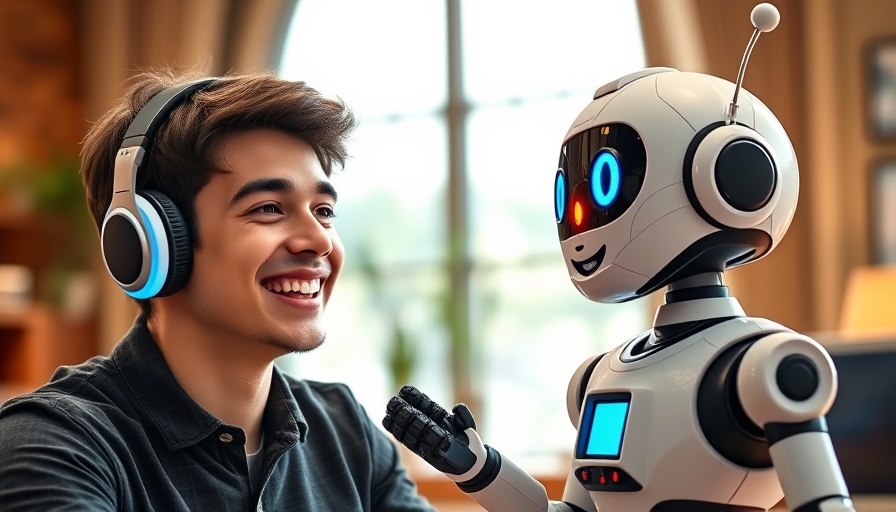 AI marketing: Cartoon robot and young man demonstrating voice technology.