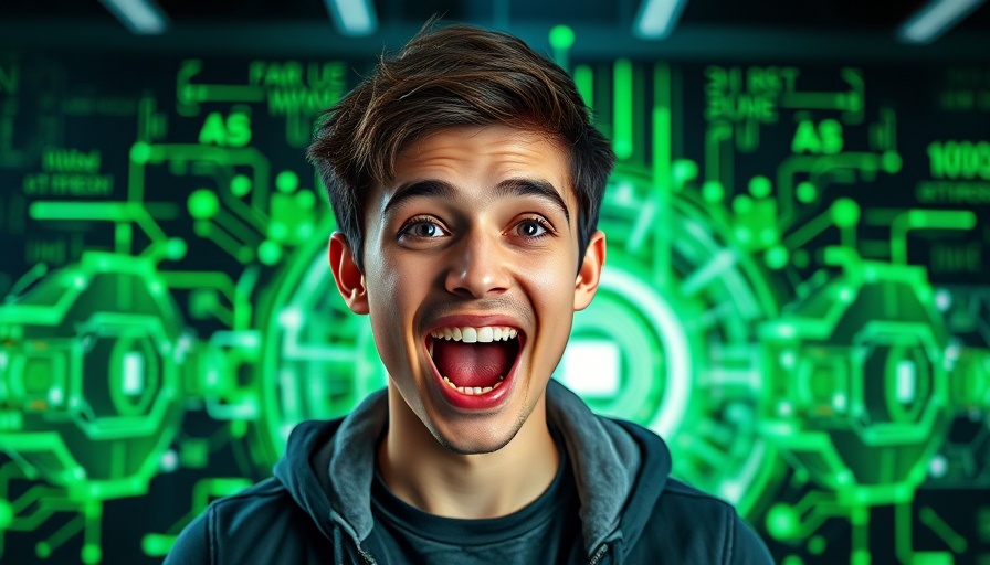 AI marketing: Excited young man with AI news backdrop.