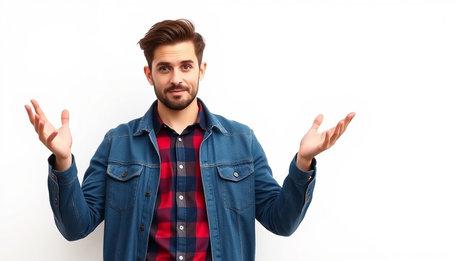 Skeptical young man with AI marketing text.