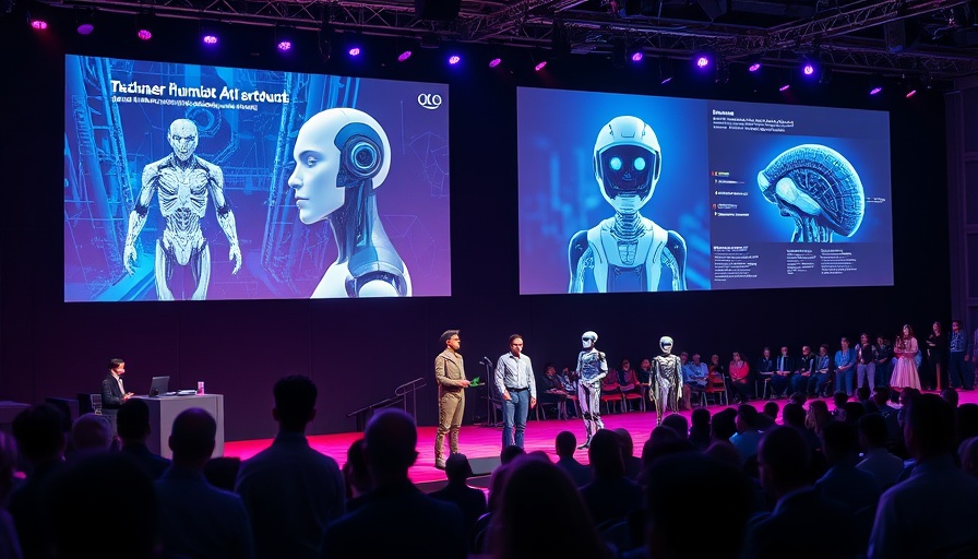 AI marketing software presentation with humanoid robots on screen.