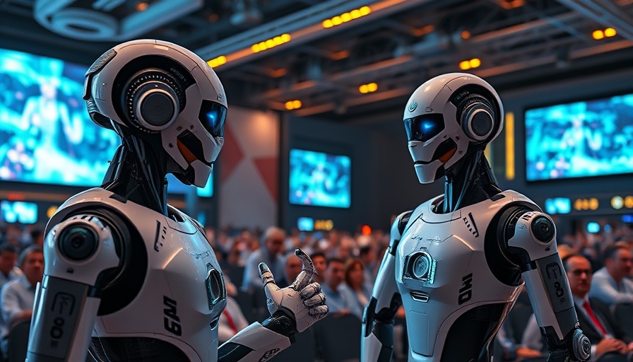Futuristic presentation on AI innovations in business at a conference.