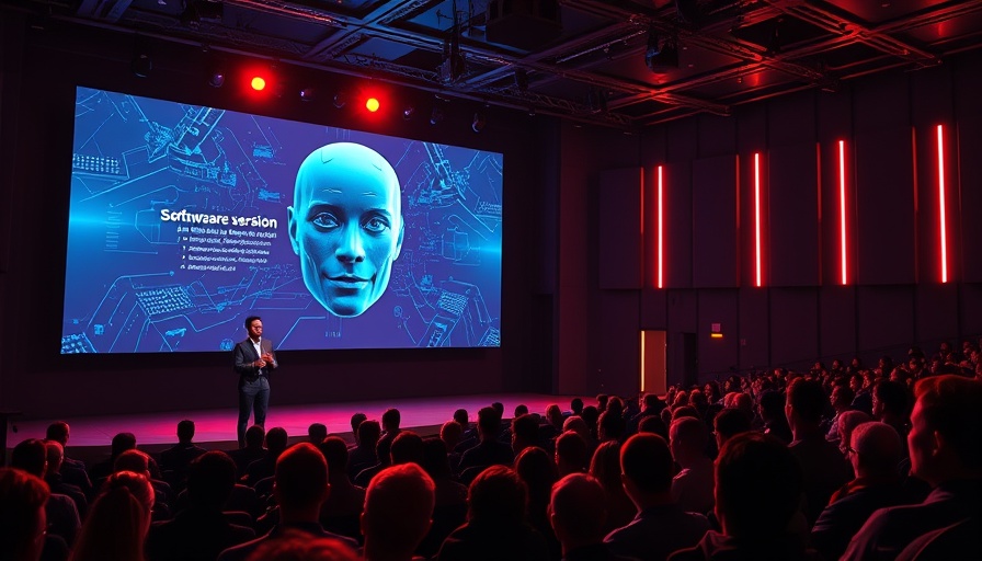 AI marketing software launch with speaker and robotic face on screen.