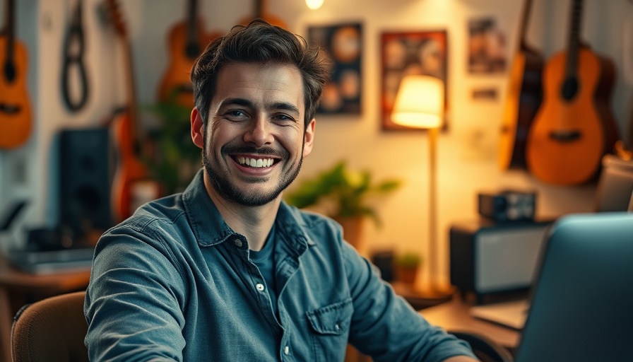 Smiling man in home office with guitars, AI Marketing.