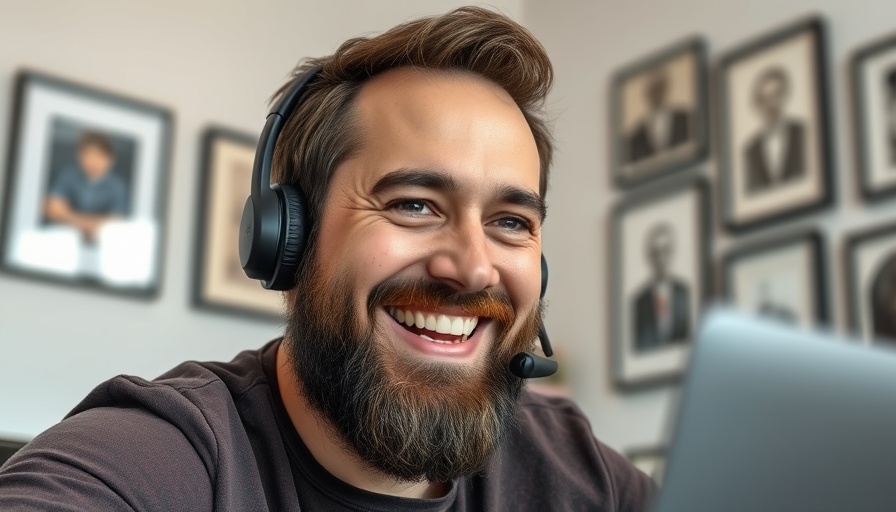 Bearded man on call discussing AI marketing.