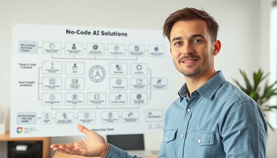 No-Code AI Solutions for Business Owners presentation with a young man explaining a flowchart.