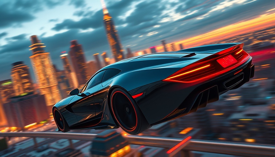 NVIDIA AI Flying Cars: Sleek sports car in vibrant city sky.