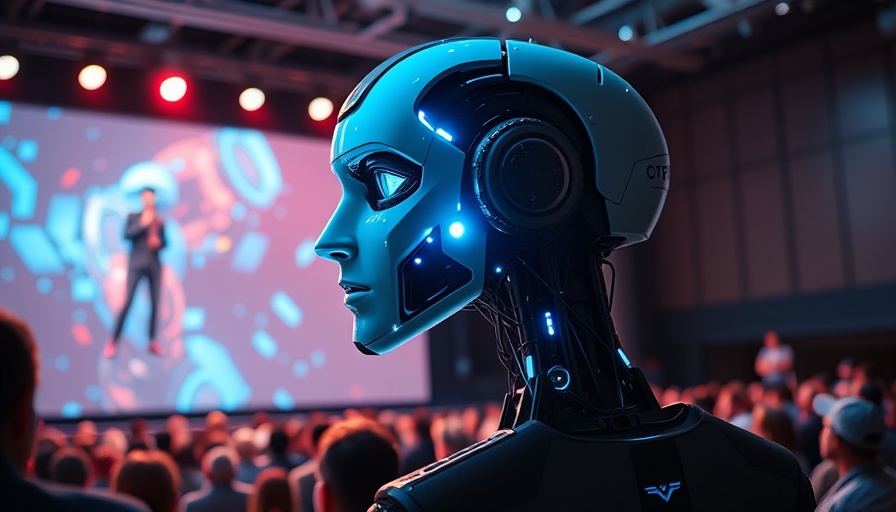 Futuristic AI marketing software presentation with robot head.
