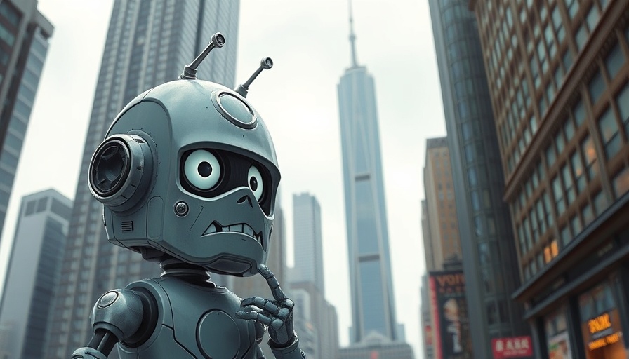 AI IPO performance comic-style robot in cityscape.