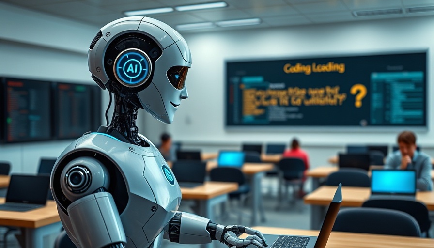 Futuristic classroom with humanoid robot teaching coding, questioning coding education.