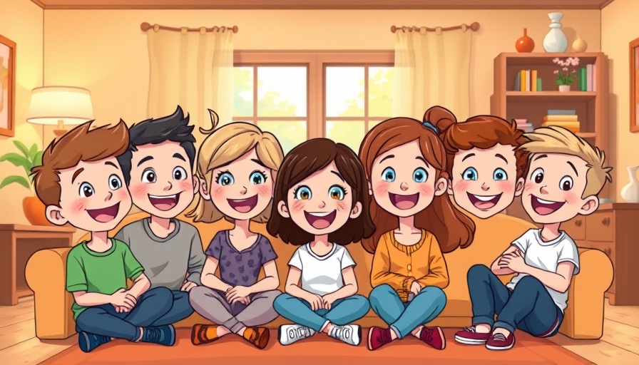 Cheerful cartoon group in cozy room, AI image generation theme