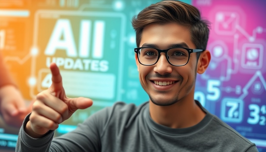 AI marketing updates shared by enthusiastic young man with digital graphics.