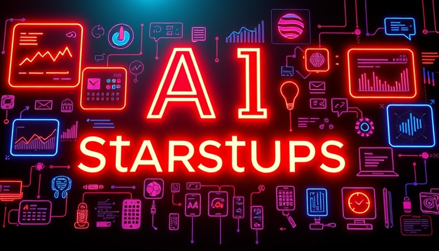 AI startups trends illustration with neon tech graphics.