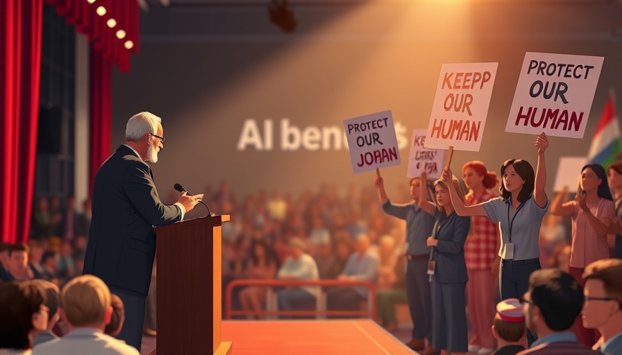 Digital illustration of AI debate with a speaker and protesters.