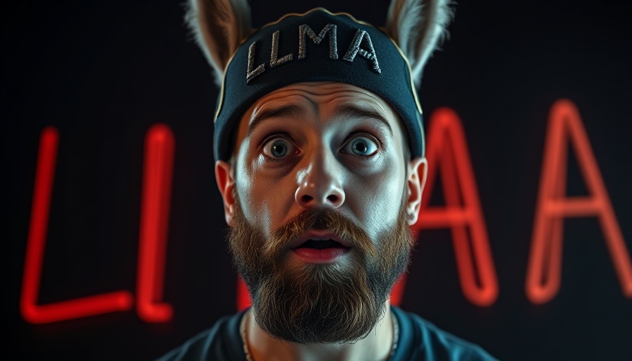 Surprised man in Llama 4 cap, dark neon background.