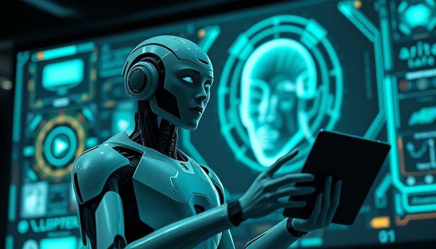 Futuristic AI display in presentation about AI marketing software.