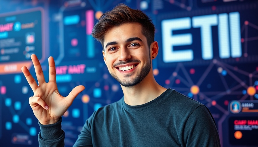 Smiling man in tech setting promoting AI marketing.