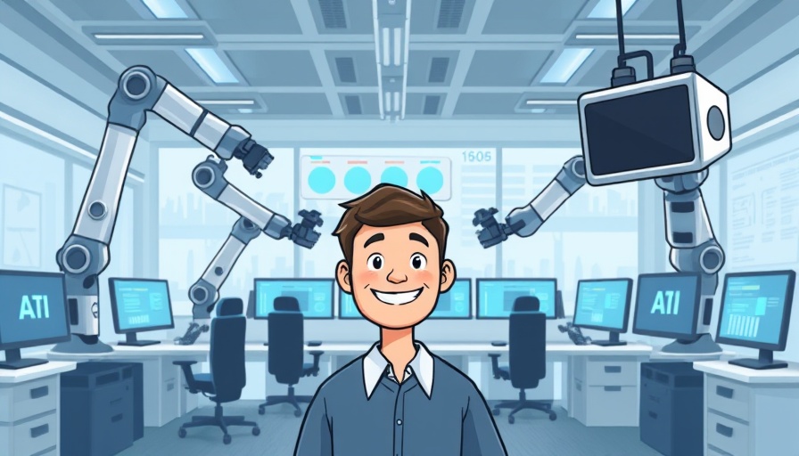 Illustration of AI-driven office with robots and a person discussing AI reviews.