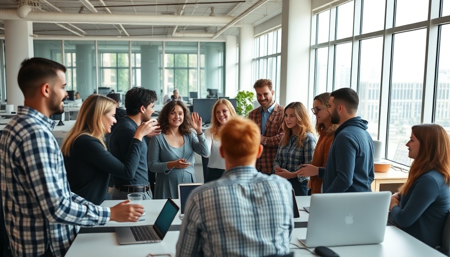 Team collaboration in modern office environment for MadTech marketing integration.