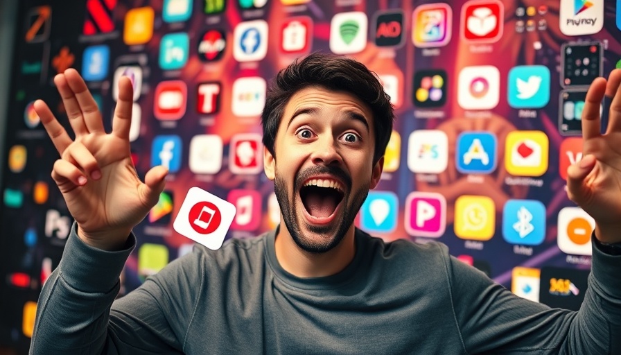 Excited man showcasing app logos, Google Firebase Studio theme