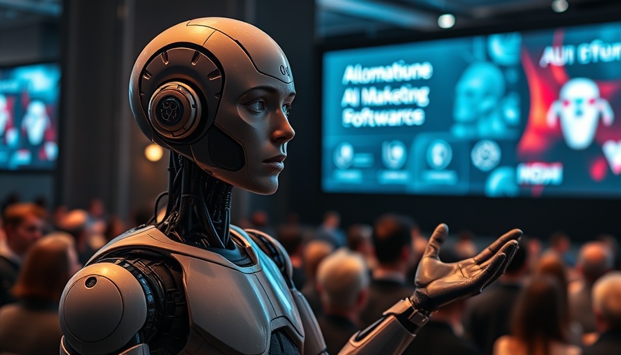 AI marketing software presentation with futuristic humanoid figure.