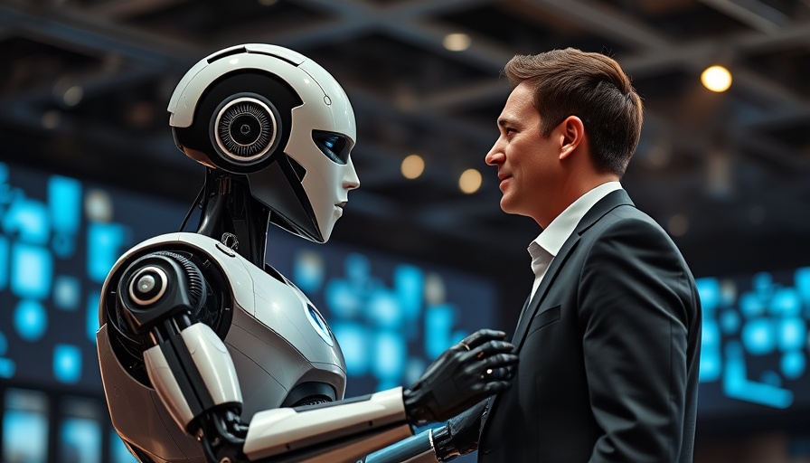 Sophisticated humanoid robot and man on stage discussing open source robotics.