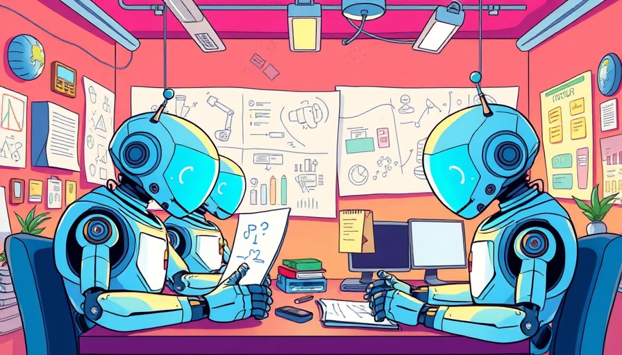 AI reviews: Futuristic robots brainstorming in a vibrant workspace.