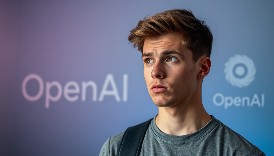 Perplexed man thinking with OpenAI branding backdrop.